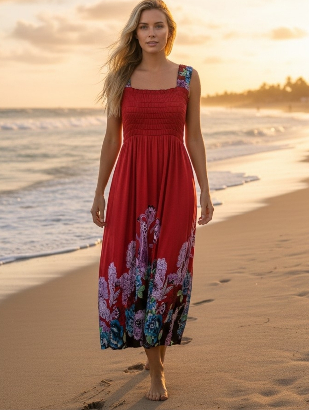 Red Floral Maxi Sundress Women’s L-XL Smocked Bodice Paisley Beachy Summer